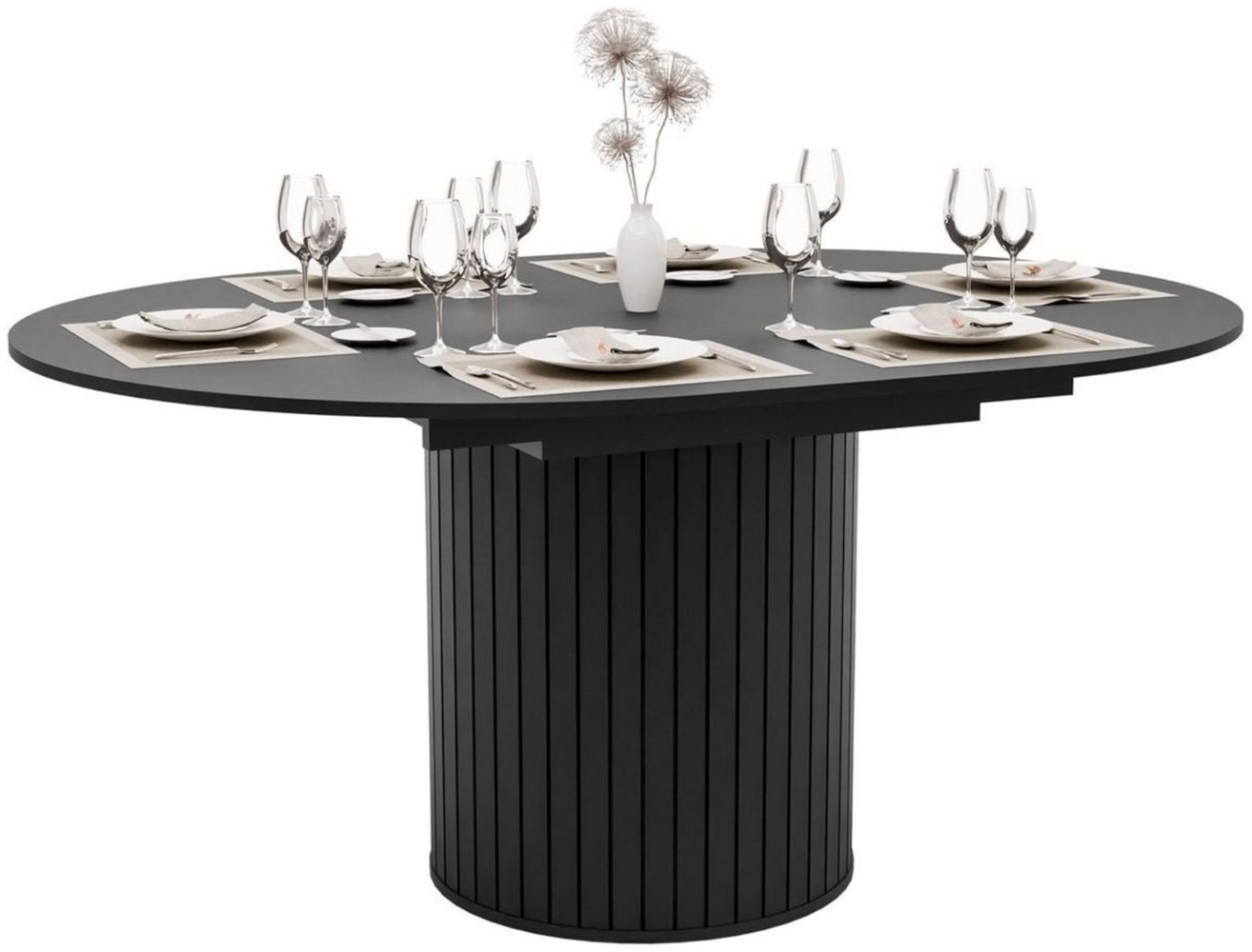 yourhouse24 Esstisch ELODIE 120-160 cm rund, Ausziehbar, Rillenfuß (rund/oval, ausziehbar, 4–6 Personen), Sockelfuß mit Rillenstruktur, Kaschmir & Schwarz Bild 1