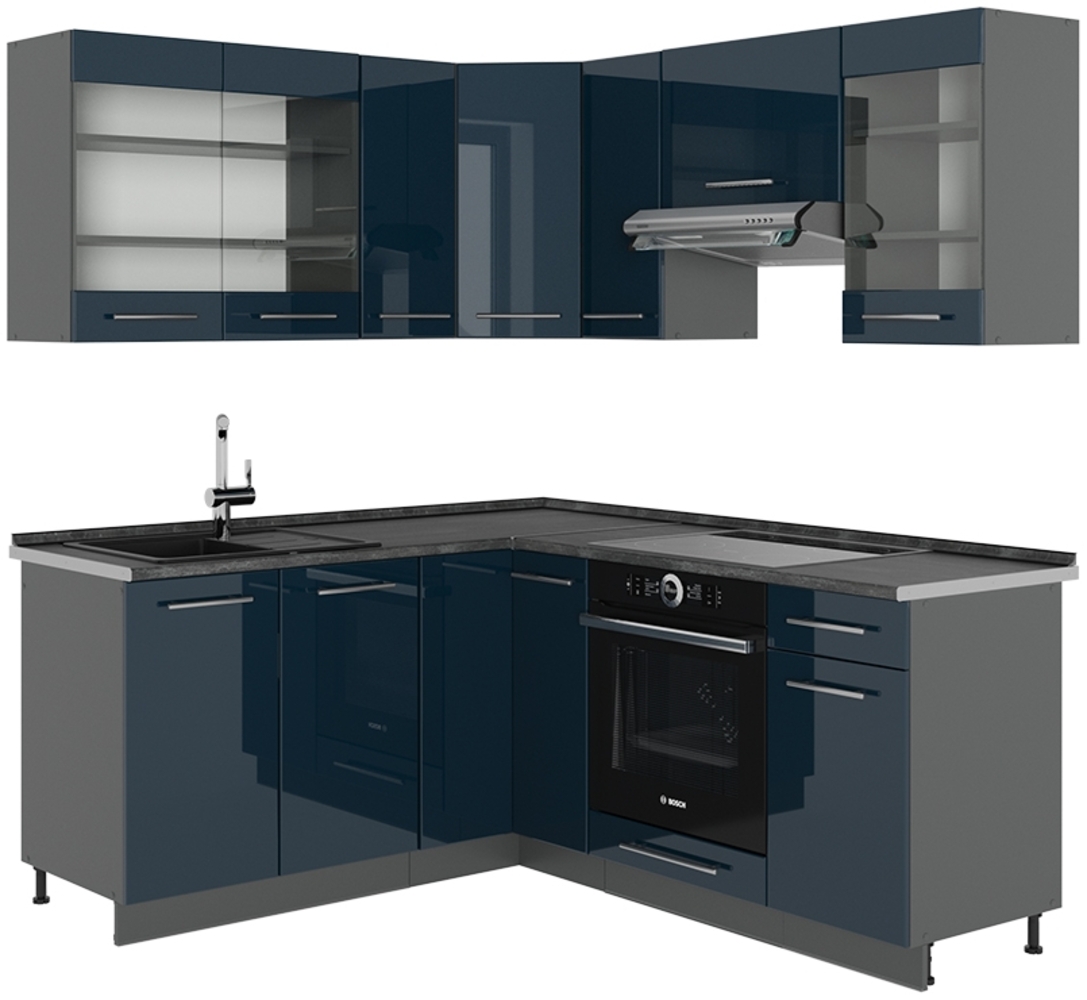 Eckküche Fame-Line Dunkelblau Hochglanz/Anthrazit 190 x 60 cm , AP Anthrazit Vicco Bild 1