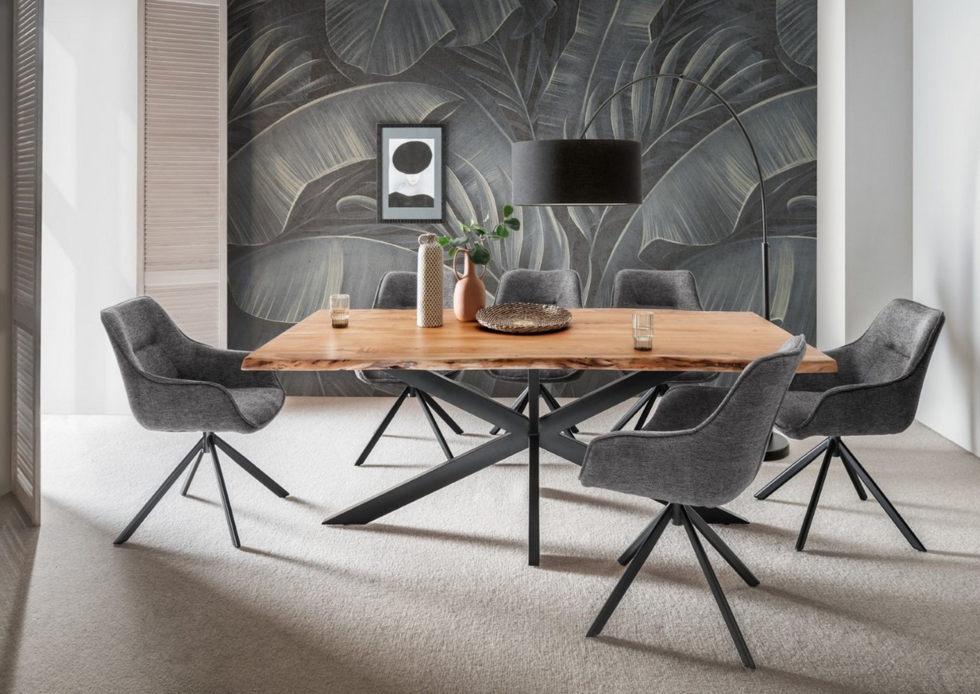 bene living Essgruppe Baumkantentisch Catania, 6er Set Diningsessel San Carlo dunkelgrau, (Indoormöbelset, 7-tlg), Akazienholz - Esszimmer, Wohnzimmer, Büro Bild 1