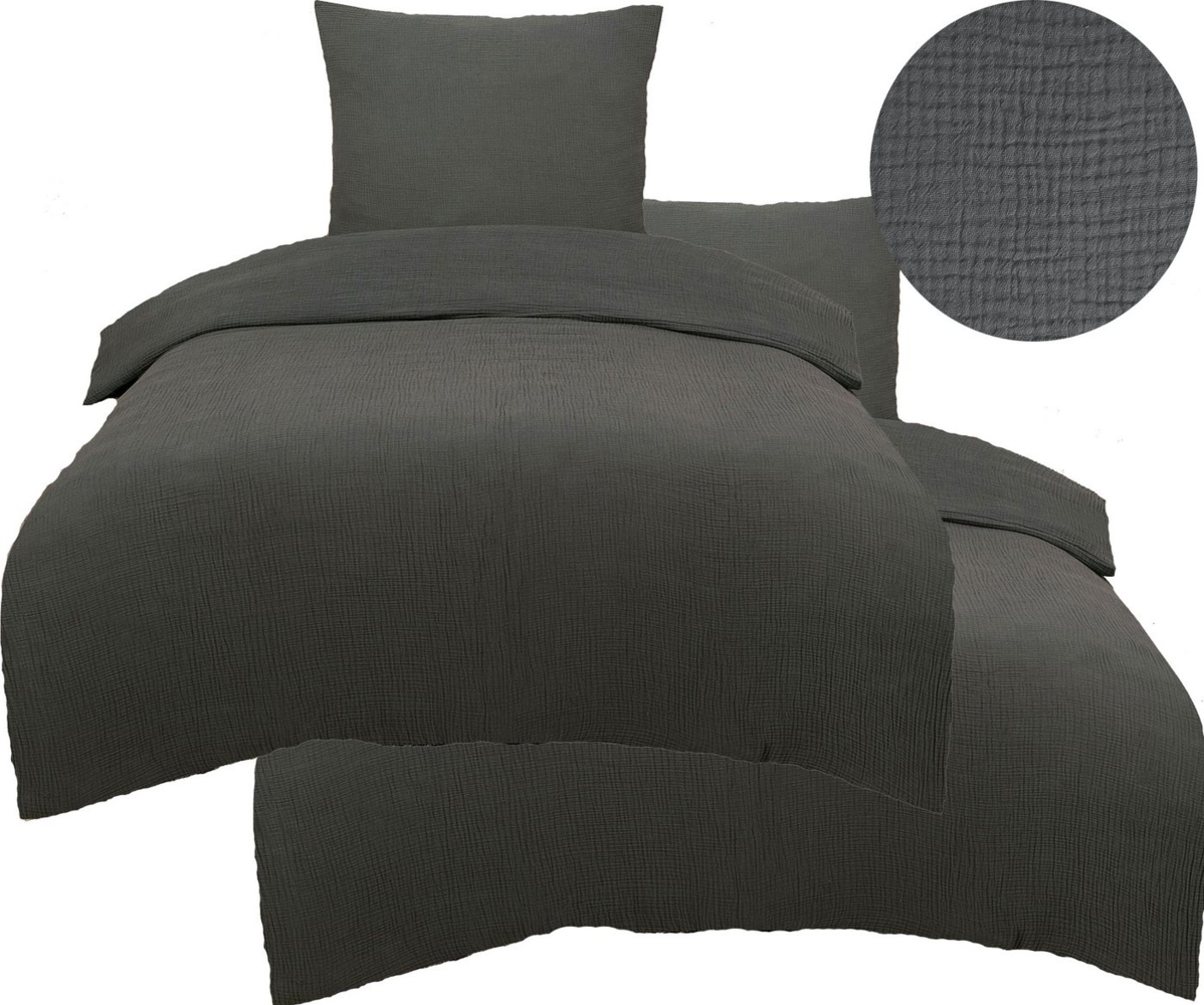 KH-Haushaltshandel Bettwäsche 4-tlg. Musselin Bettwäsche 2x (135x200 + 80x80 cm), 100% Baumwolle, Musselin, 4 teilig, uni/einfarbig, anthrazit grau, 100% Baumwolle, bügelfrei Bild 1