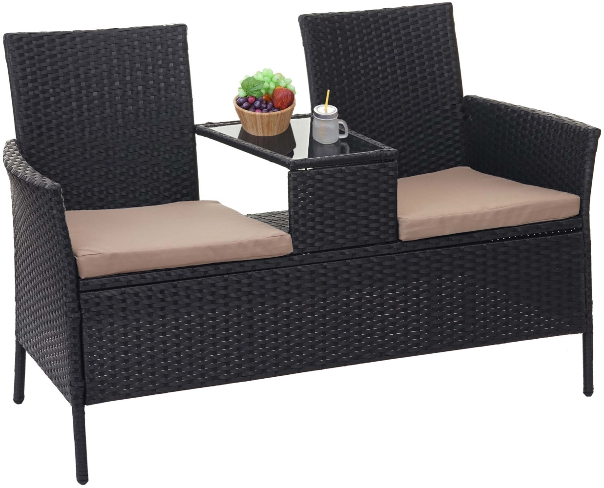Poly-Rattan Sitzbank mit Tisch HWC-E24, Gartenbank Sitzgruppe Gartensofa, 132cm ~ schwarz, Kissen creme Bild 1