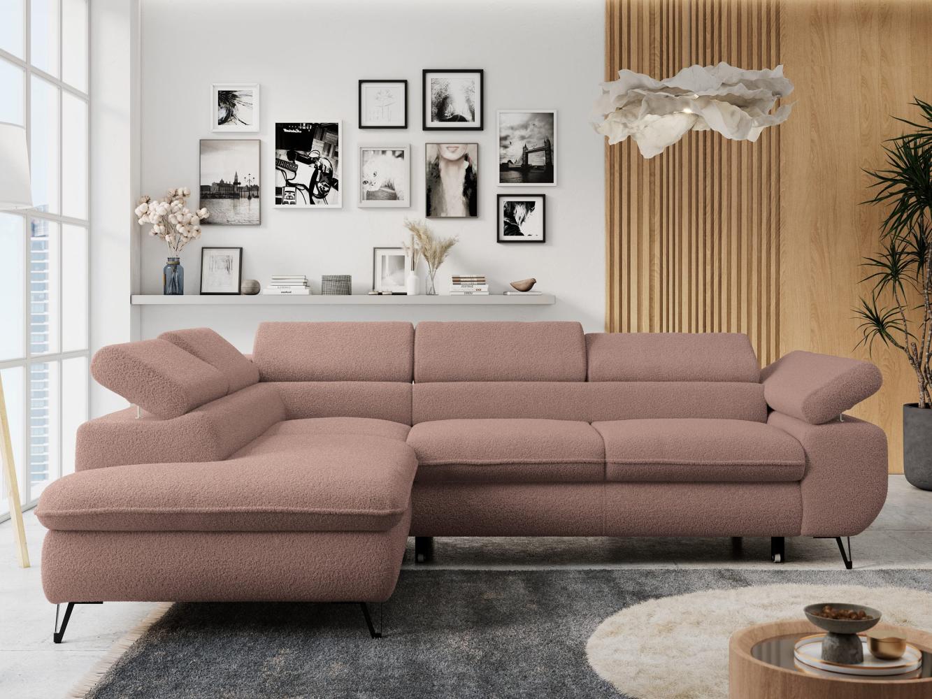 Mks Möbel 'Peter L-form' Ecksofa mit Bettfunktion, Bettkasten & einstellbaren Kopfstützen, Rosa, Boucle, Nein, links Bild 1