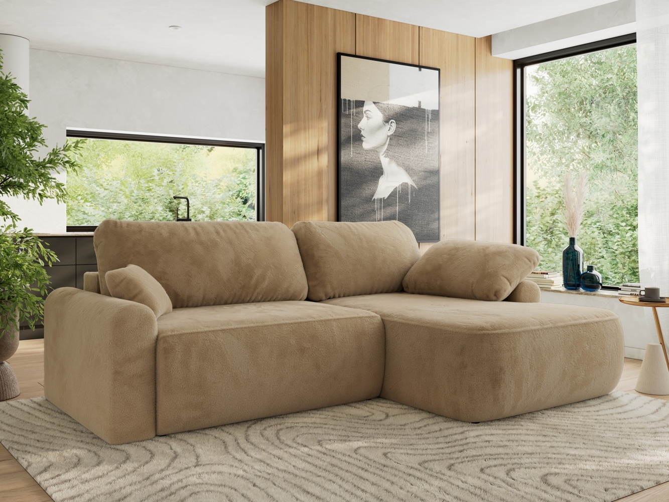 Ecksofa, L-förmiges, lose Kissen, DL-Schlaffunktion, (H 100 x T 187 x B 273 cm) - CUBO L - Plüsch Beige - rechte Seite Bild 1