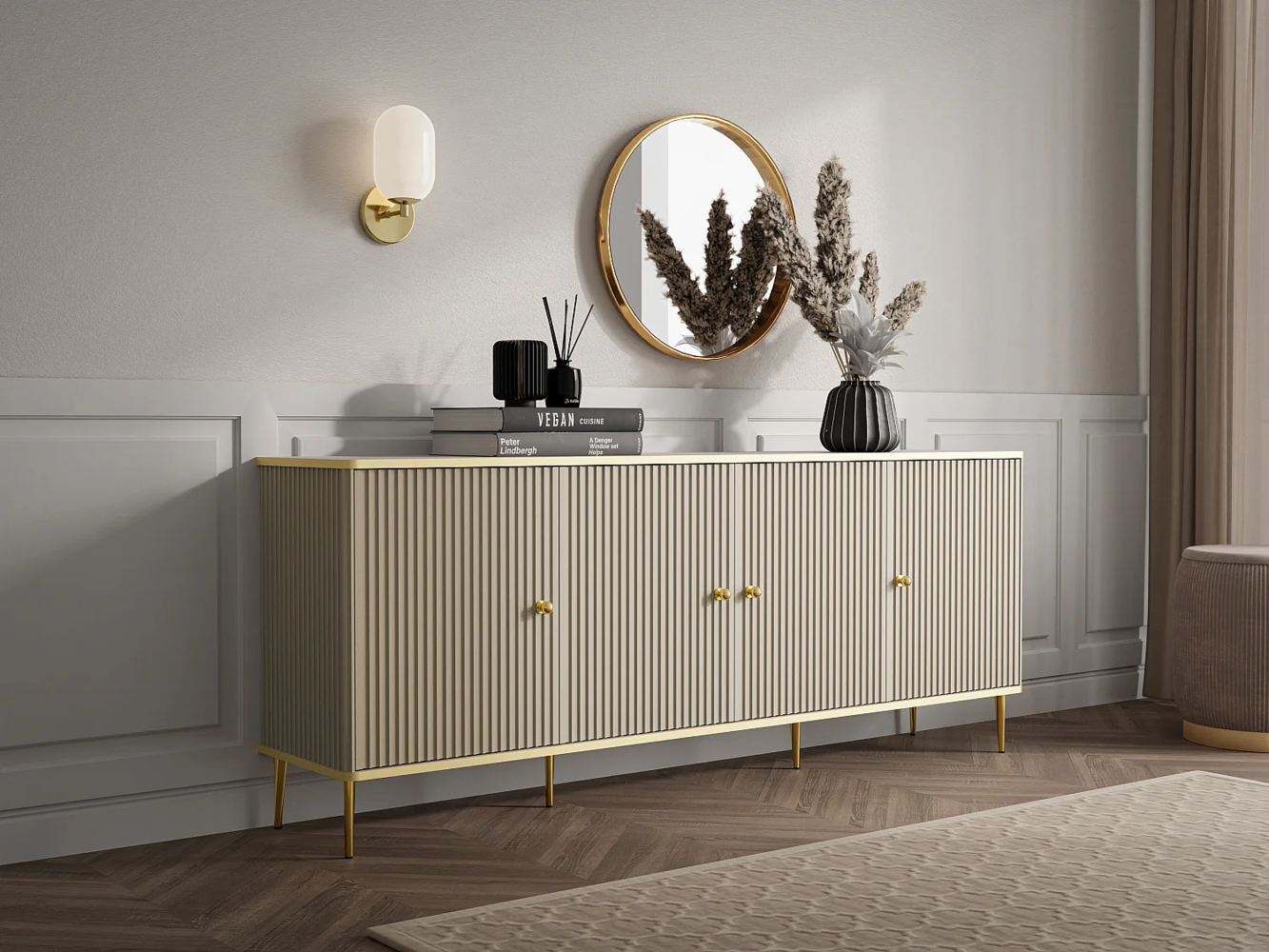 Vente-unique - Sideboard mit 4 Türen - MDF und Stahl - Beige und Goldfarben - SINEAD von Pascal Morabito Bild 1