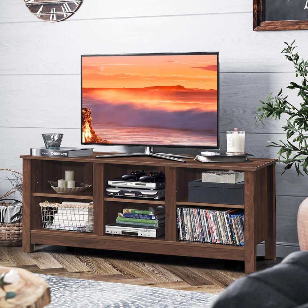 COSTWAY TV-Schrank mit Regale, Fernsehschrank Holz, TV-Ständer für 60 Zoll Fernseher, Offene Aufbewahrungskonsole für Zuhause & Büro, Sideboard Wohnzimmerschrank Küchenschrank (Braun) Bild 1