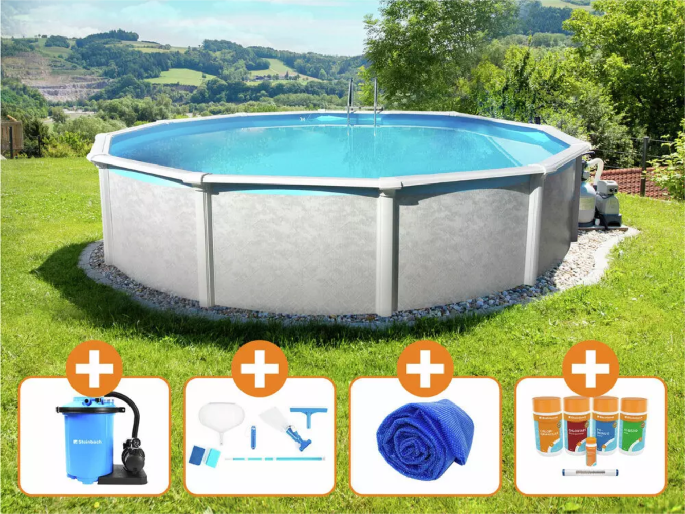 Steinbach Aktionsangebot Stahlwand Swimming Pool Set "Grande rund", Ø 549 x 135 cm,Zubehörset S (inkl. Filteranlage, Grundreinigungsset, Chlor Starterset, Solarabdeckplane) Bild 1