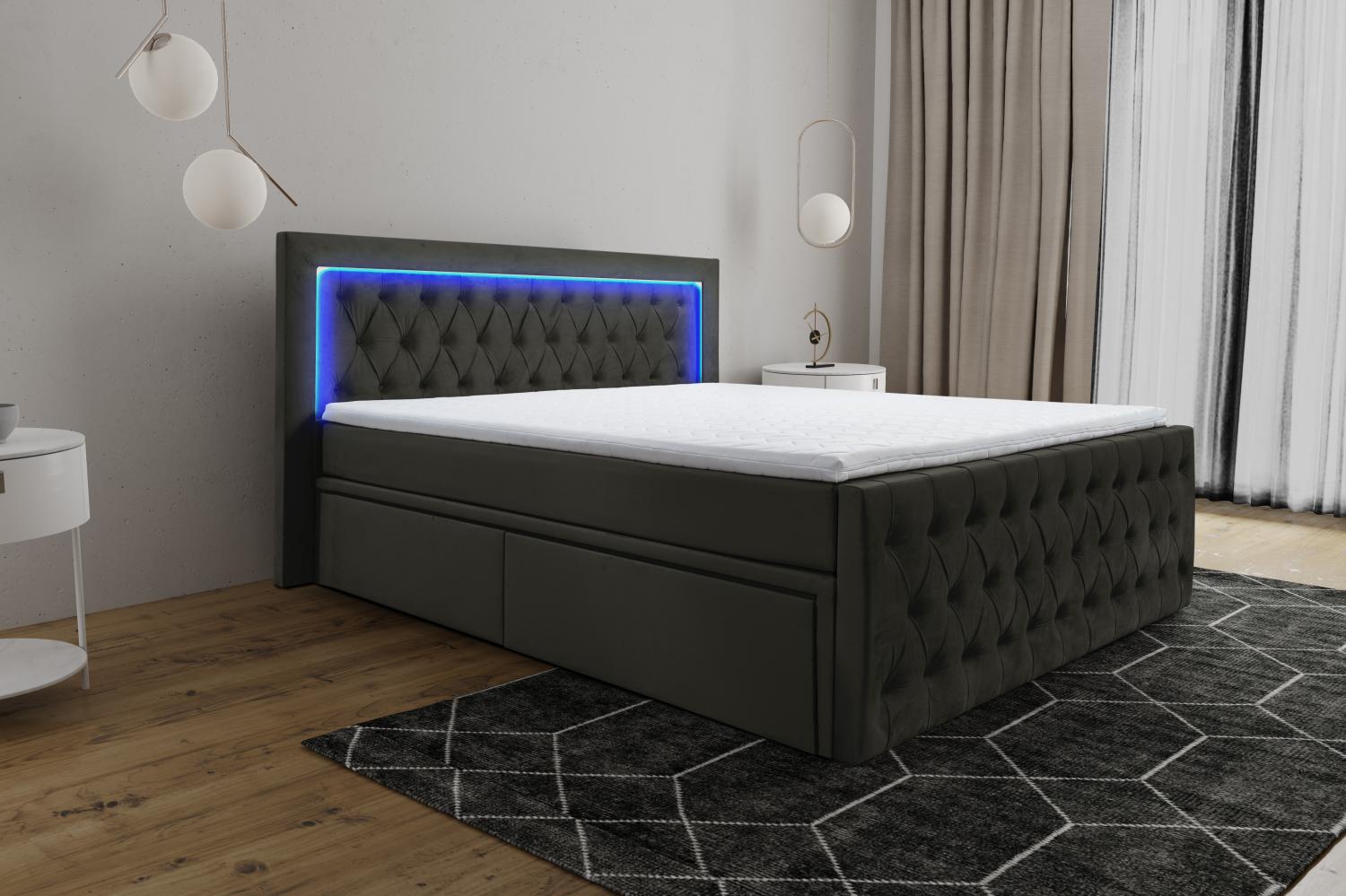 Boxspringbett VERONA mit 2 Bettkästen, Polsterbett Maße: 200x200, Farbe: Dunkelgrau, Doppelbett mit Bonell-Matratze und Topper, Riviera, inkl. LED-Beleuchtung im Kopfteil Bild 1