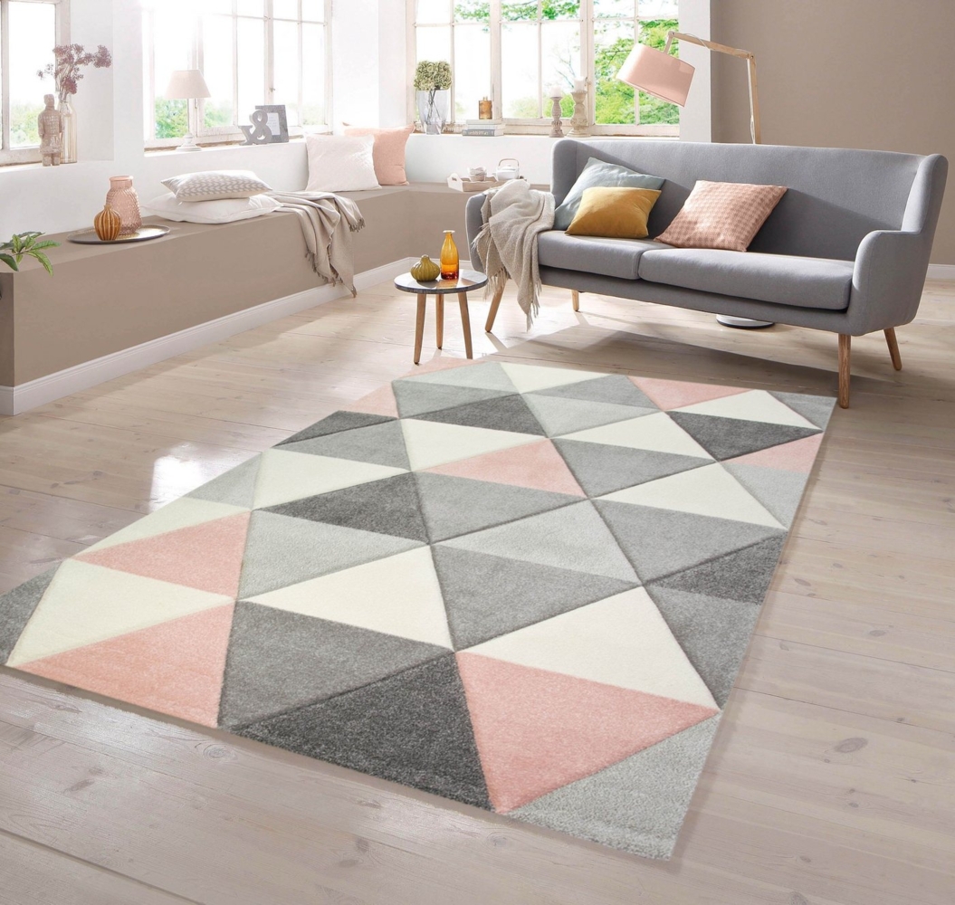 TeppichHome24 Teppich Teppich mit Dreieck Muster in Rosa Grau Creme, rechteckig Bild 1