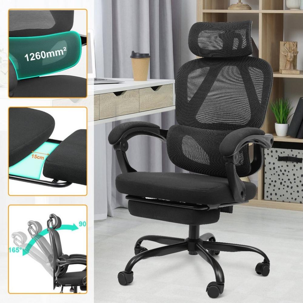 MULISOFT Bürostuhl Ergonomischer, Chefsessel aus Mesh, Ergonomischer Schreibtischstuhl (Lendenwirbelstütze, 10cm Höhenverstellung, Atmungsaktiv), 90-165° neigbar und arretierbar, 2D-Kopfstütze, mit Fußstütze, 150KG Bild 1