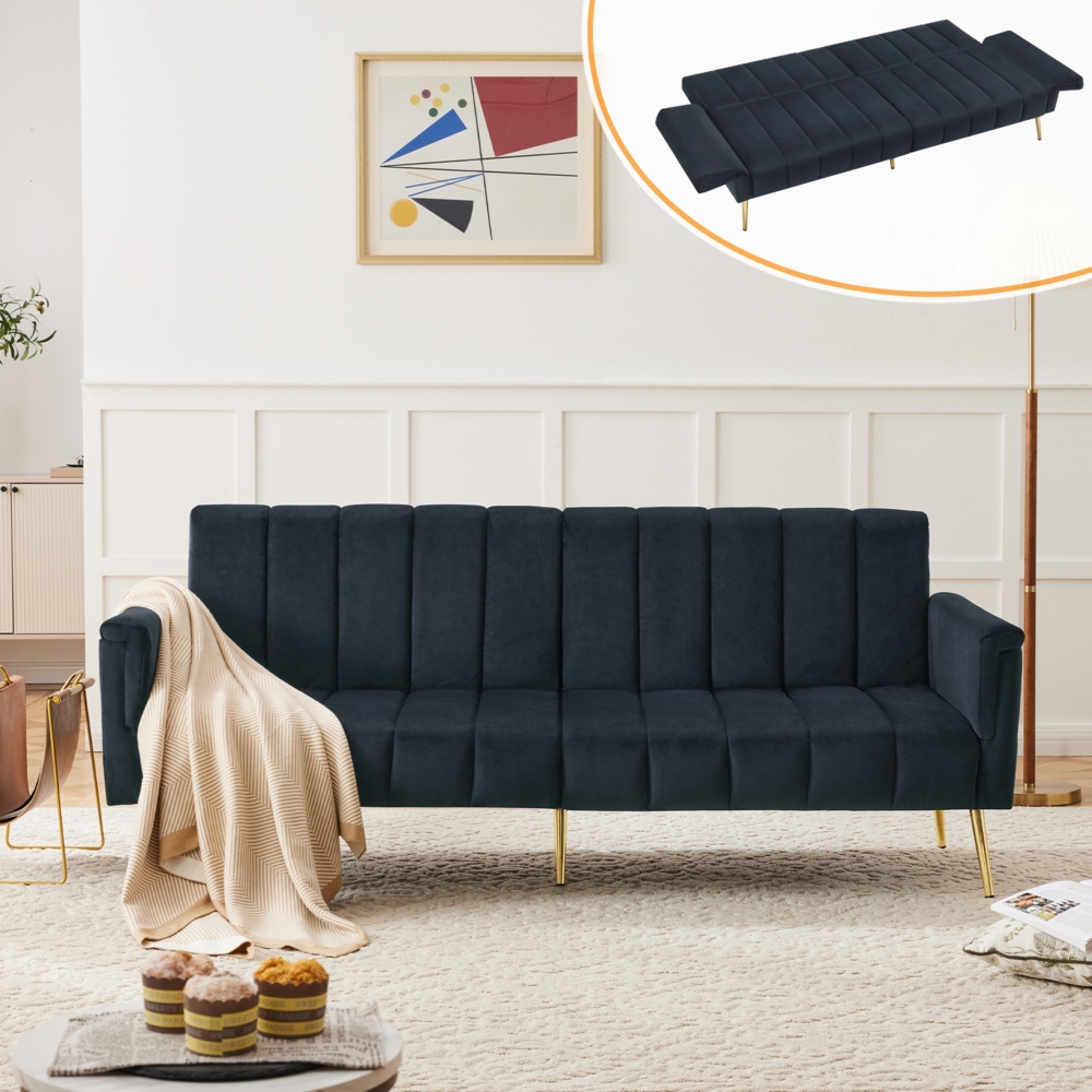 Merax Modernes Design, Samtstoff, klappbares Schlafsofa, Schlafsofa mit Hilfsfüßen, Schlafsofa mit Schlaffunktion, geeignet für Wohnzimmer, Schlafzimmer, Schwarz Bild 1