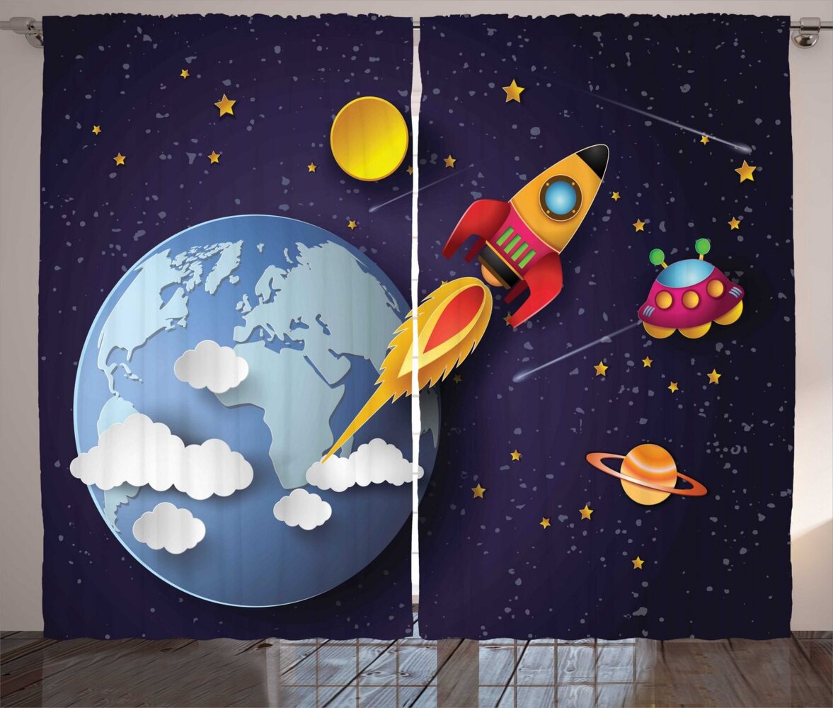 Abakuhaus Gardine Schlafzimmer Kräuselband Vorhang mit Schlaufen und Haken, Platz Rakete Erde Sterne UFO Bild 1