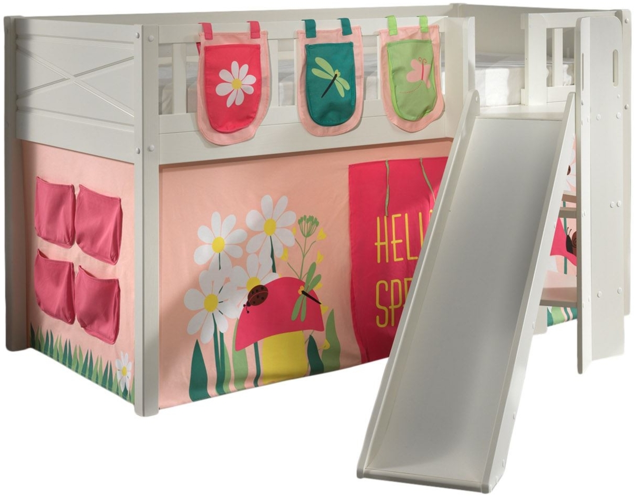 Kinderbett mit Rutsche Karyl Massivholz Weiß Textilset Spring 3 Bild 1