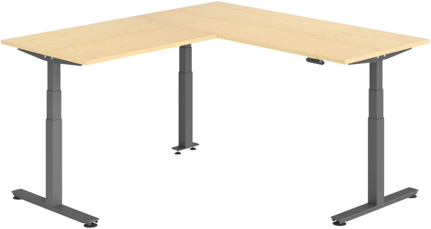 bümö Eckschreibtisch elektrisch höhenverstellbar L-Form: 180 x 200 cm in Ahorn, Gestell graphit - Stehschreibtisch mit Memory-Steuerung, elektrischer XXL Schreibtisch für die Ecke, XDSMW-1912-3-G Bild 1