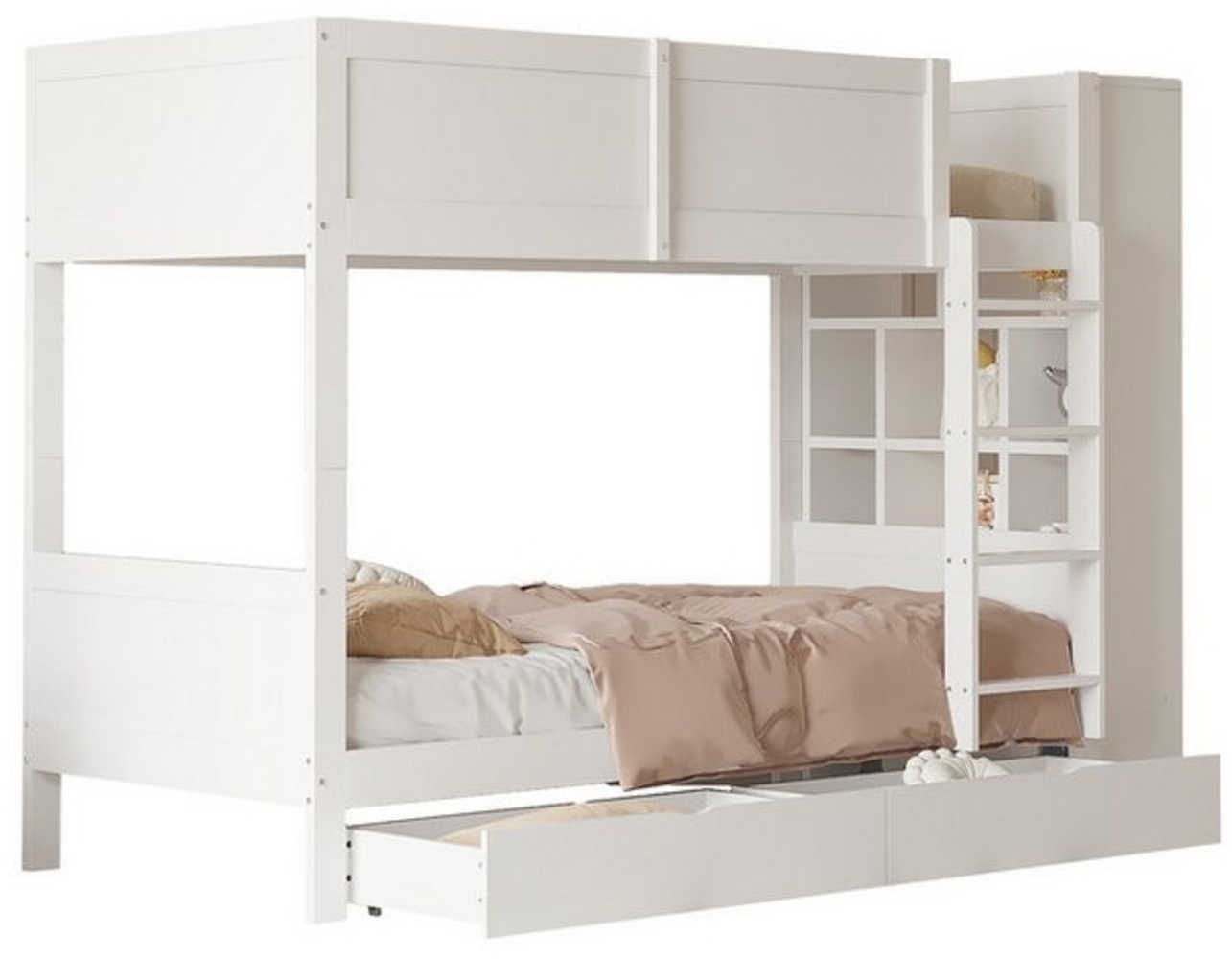 Flieks Etagenbett, Massivholz Kinderbett 90x200cm mit Seitenschrank und 2 Schubladen Bild 1