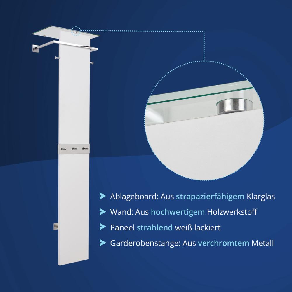 KHG Garderobe in weiß, Kleiderstange für Jacken, 5 Haken, praktischer Schirmständer, große Hutablage aus Glas, Eingangsbereich, Flur, Foyer, modern, aus Metall/Glas/Holzwerkstoff Bild 1