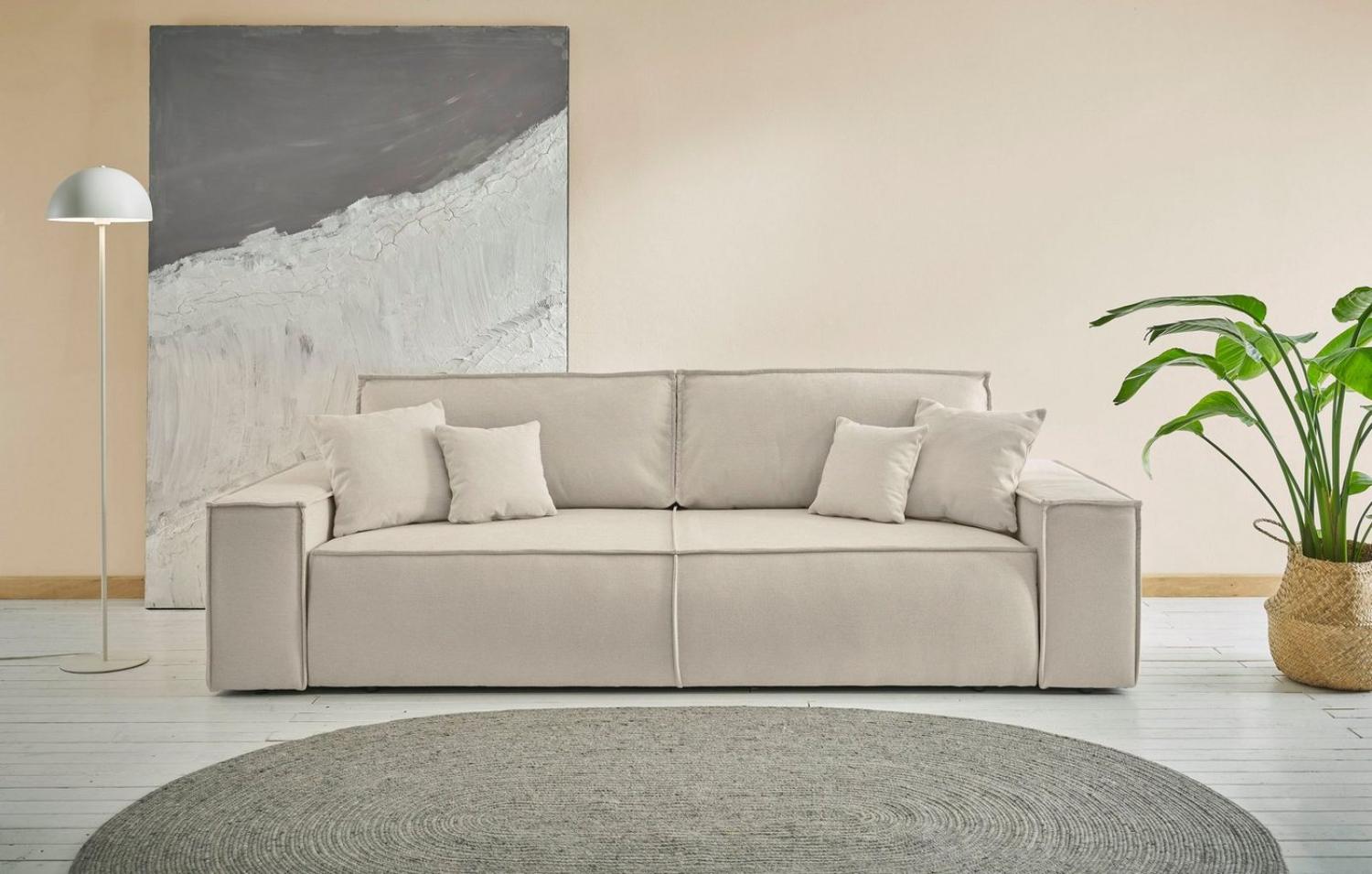 andas 3-Sitzer FINNLEY Schlafsofa 257 cm, Schlaffunktion mit Bettkasten (200/136cm), in Aqua Clean-Bouclé, Struktur fein u. Cord Bild 1