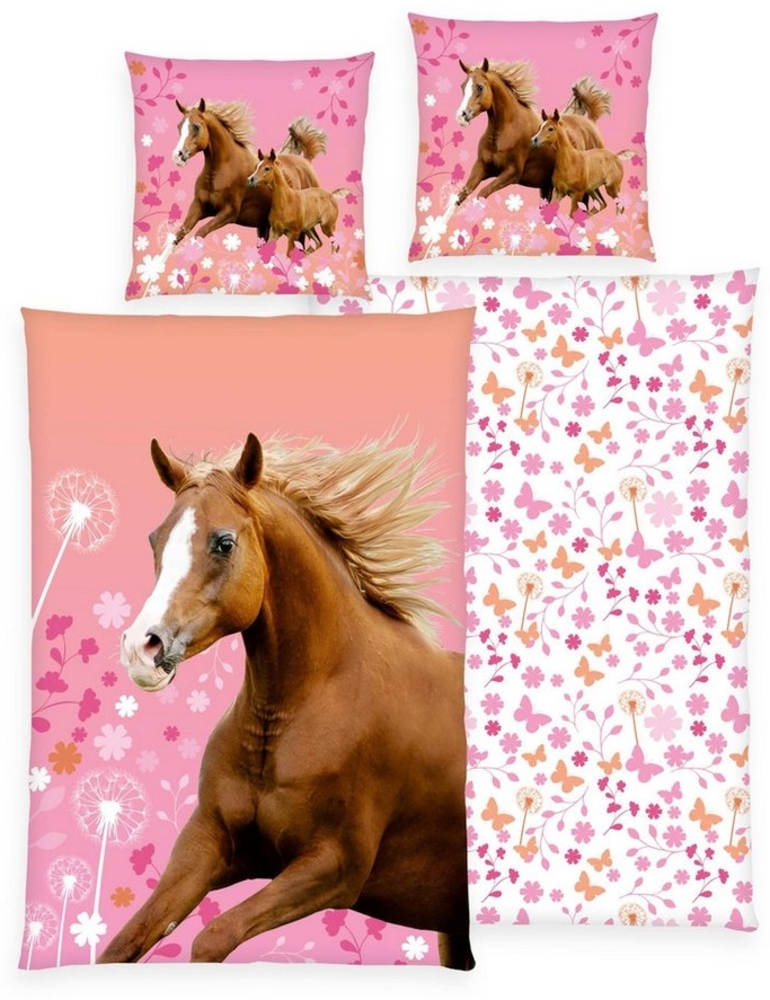 Familando Kinderbettwäsche mit Pferden 135x200 80x80 cm aus 100% Baumwolle mit Reißverschluss, Renforcé, 2 teilig, mit geblümter Wendeseite und zarten Rosé Tönen Bild 1