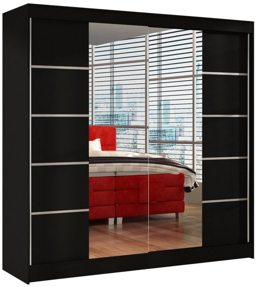 Schwebetürenschrank Basti V 200 cm mit Spiegel - Kleiderschrank mit 2 Türen, Kleiderstange und Einlegeboden, Schlafzimmerschrank, Schiebetürenschrank 200x215x58 cm (Schwarz) Bild 1
