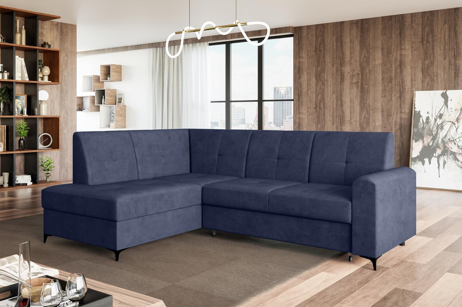 MEBLINI Schlafcouch mit Bettkasten - SCANDI - 236x171x85cm Links - Blau Samt - Kleines Ecksofa mit Schlaffunktion - Sofa mit Relaxfunktion - Kleine Couch L-Form - Eckcouch Bild 1