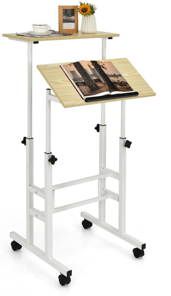 Costway höhenverstellbarer Sitz-Steh Schreibtisch auf Rollen, mit 2 Tischplatten, Natur, 60 x 30 x 72-124 cm Bild 1