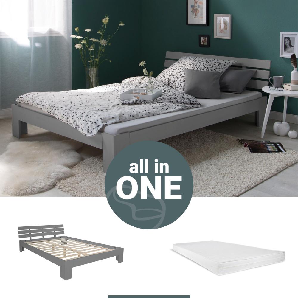 Doppelbett mit Matratze und Lattenrost 140x200 Bett Grau Kiefer Massiv Bettgestell Holzbett Futonbett Bild 1