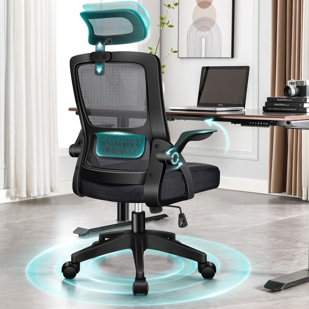 Ergonomischer Bürostuhl mit Lordosenstütze, neigbar, Armlehnen, Schwarz Bild 1