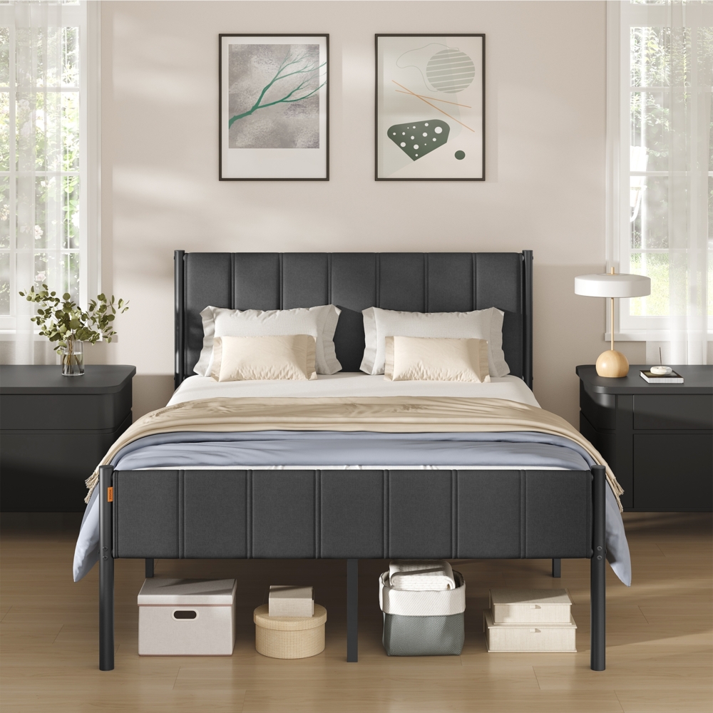VASAGLE Doppelbett, Bettgestell, 140 x 200 cm, mit gepolstertem Kopfteil, Bettrahmen, Stahl, trägt bis zu 500 kg, grau Bild 1