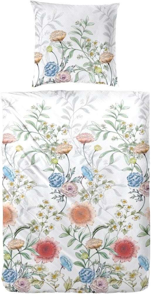 Primera Mako-Satin Bettwäsche 135x200 Blumen Blüten weiß koralle blau 243211-02 Bild 1