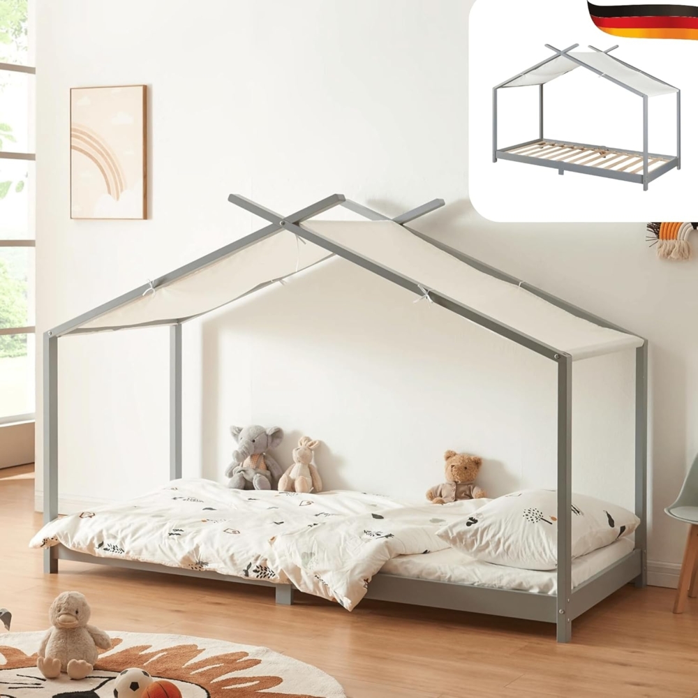 DELUKE® Kinderbett 90x200 KALI - mit Matratze Lattenrost Haus-Optik mit DachEinzelbett aus Holz Hausbett Kinderzimmer Montessori Bett Grau Bild 1