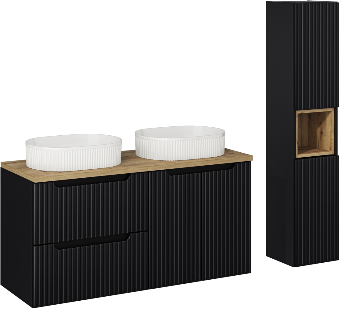 NOVA BLACK Badmöbel-Set 120 cm mit einer Waschtischplatte, 2 Beyond-Aufsatzwaschbecken und einem Hochschrank (40x120cm), Schwarz Teppich,Eiche Wotan Bild 1