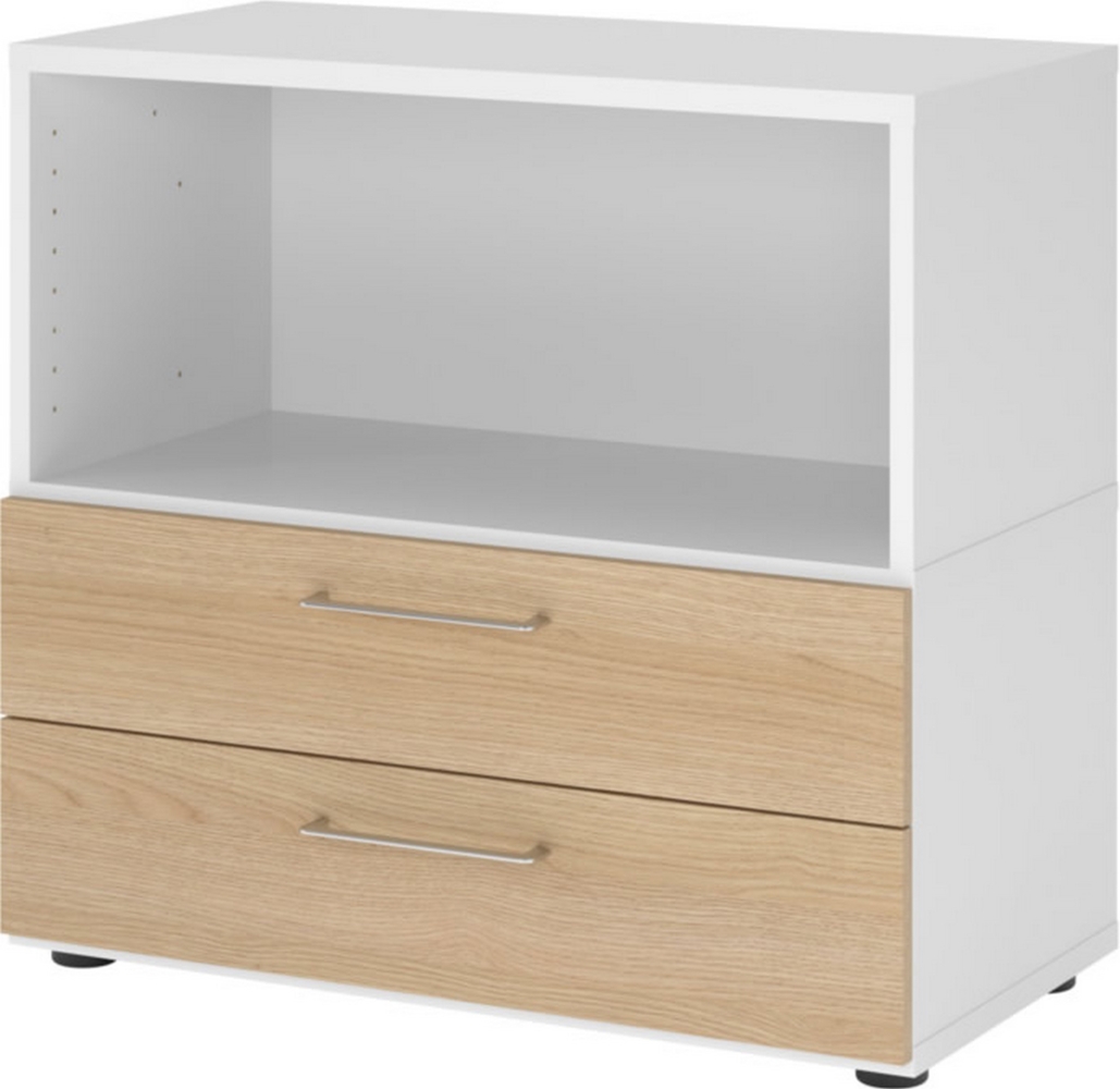 bümö flexi Aktenschrank klein mit 2 Schubladen & 1 Regalfach in Weiß/Eiche, Büroschrank mit werkzeuglosem Schnellmontage-Klicksysten in modularer Bauweise, FW28S2KG-W-E-BS Bild 1