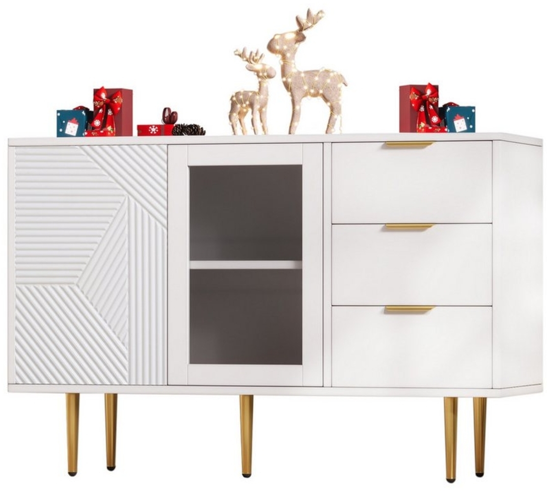 Refined Living Sideboard Kommode mit 3 Schubladen und 2 Türen,mit Metallfüße und Stauraum (Maße: 120 x 38 x 79.5 cm, Kommode mit Glastüren, Aufbewahrungsschrank Wohnzimmer, mit Metallfüßen, Lowboard, Moderne Wohnzimmerschränke, Kommode mit Glasvitrine,... Bild 1