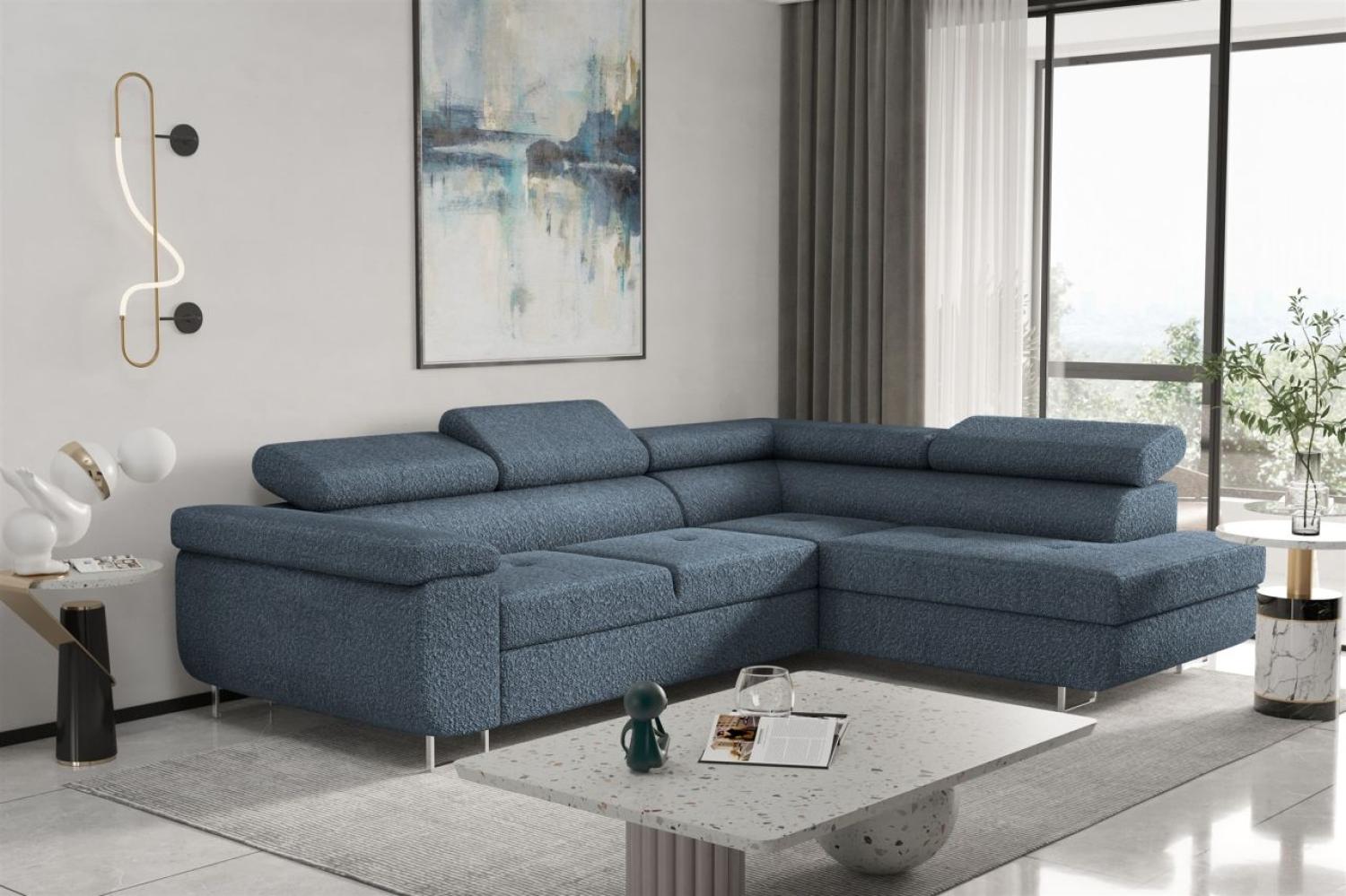Couchgarnitur JADE Stoff Blau mit Schlaffunktion Ottomane Rechts Bild 1