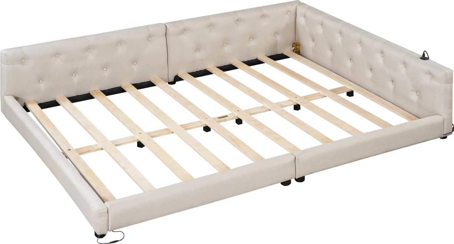 Schlafsofa mit LED-Beleuchtung, Lattenrost und Mehrfachsteckdose, 140x200 cm, Doppelbett, Polsterbett, Leinen Bild 1