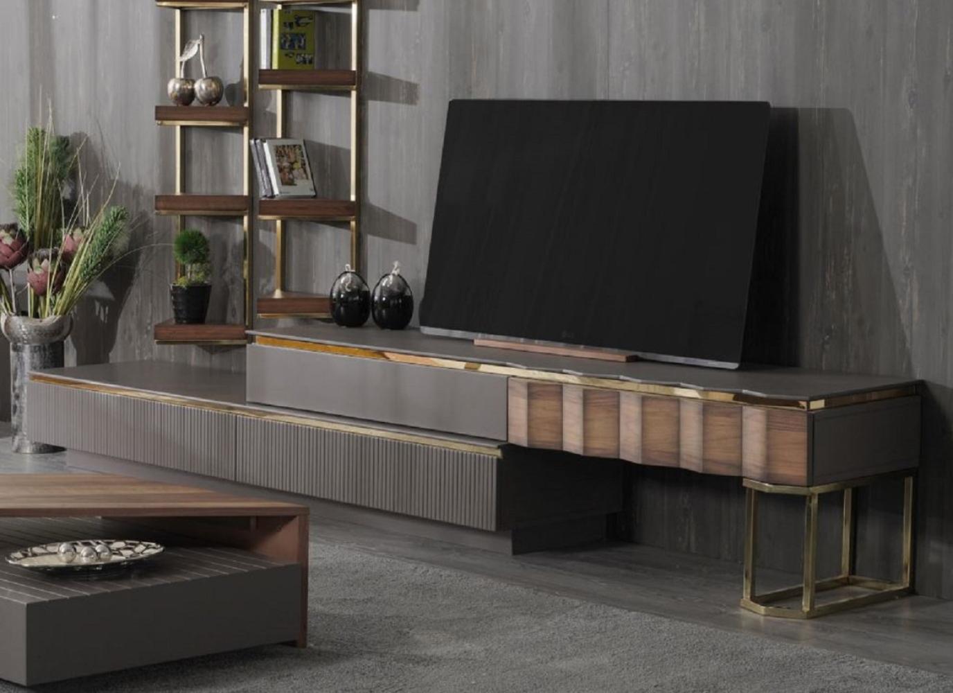 Casa Padrino Luxus Wohnzimmer TV Schrank Set Grau / Braun / Gold - 1 TV Schrank mit 4 Schubladen & 2 Wandregale - Wohnzimmer Möbel - Massivholz Möbel - Luxus Möbel - Luxus Einrichtung Bild 1