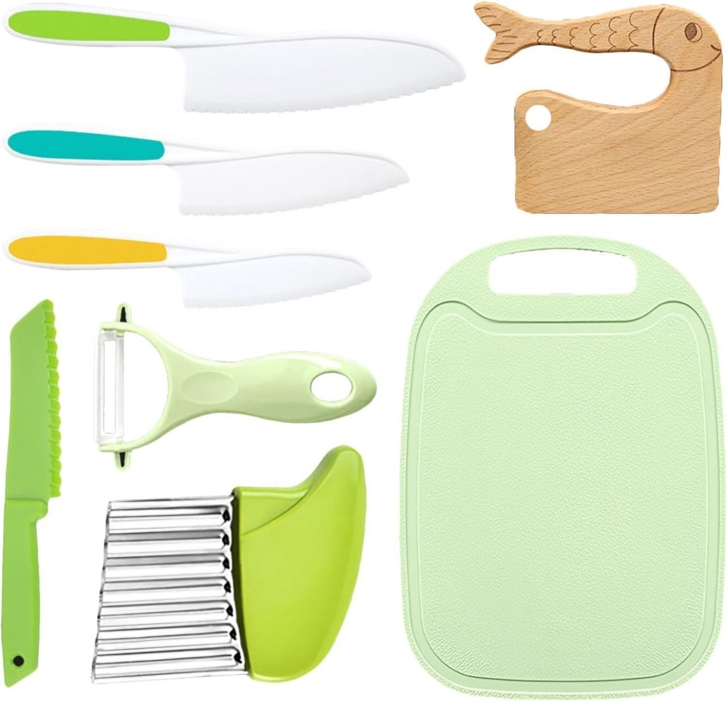 ZEUOPQ Kinderkochmesser 8-teiliges, Kinder Küchenmesser aus Holz zum Kochen und Schneiden, Küchenmesser für Kleinkinder, mit Holzmesser, Schneidebrett, Schäler Bild 1