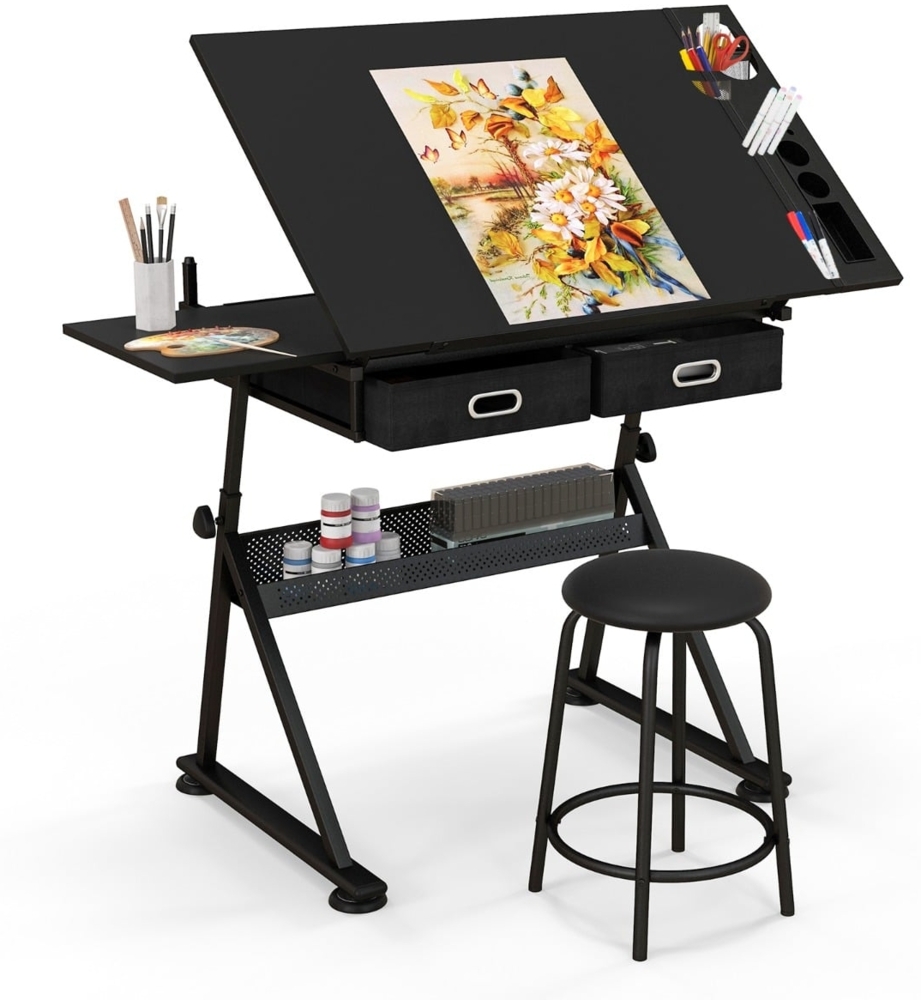 Höhenverstellbarer Zeichentisch mit Hocker & Neigbarer Tischplatte & 2 Schubladen Schwarz Bild 1