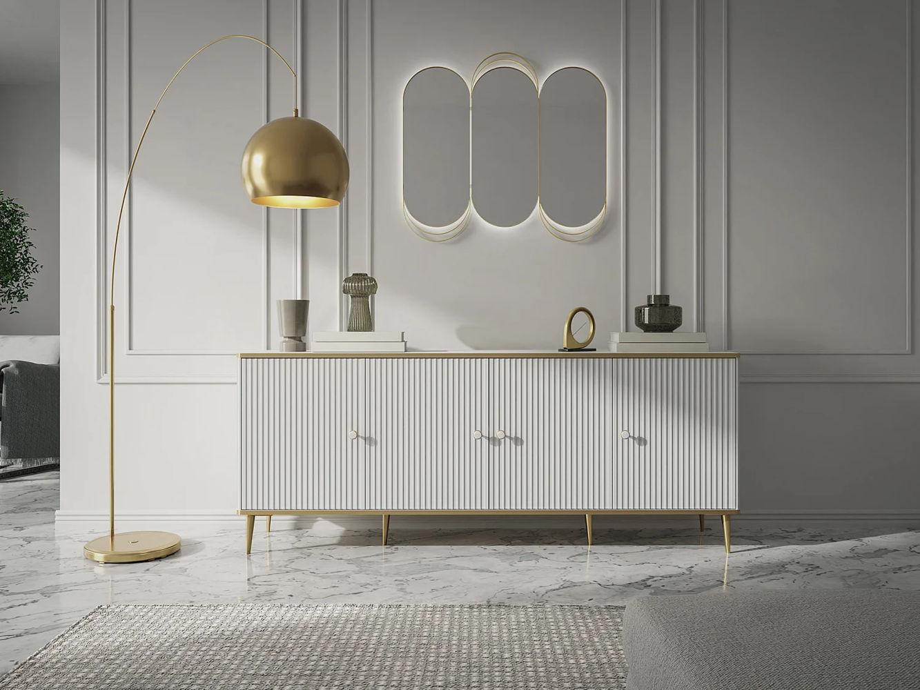Vente-unique - Sideboard mit 4 Türen - MDF und Stahl - Weiß und Goldfarben - SINEAD von Pascal MORABITO Bild 1