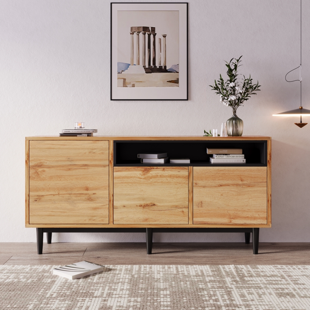 Sideboard 160×35×76 cm mit 3 Türen, verstellbaren Regalen, Holzoptik Schwarz,Aufbewahrungsschrank Bild 1