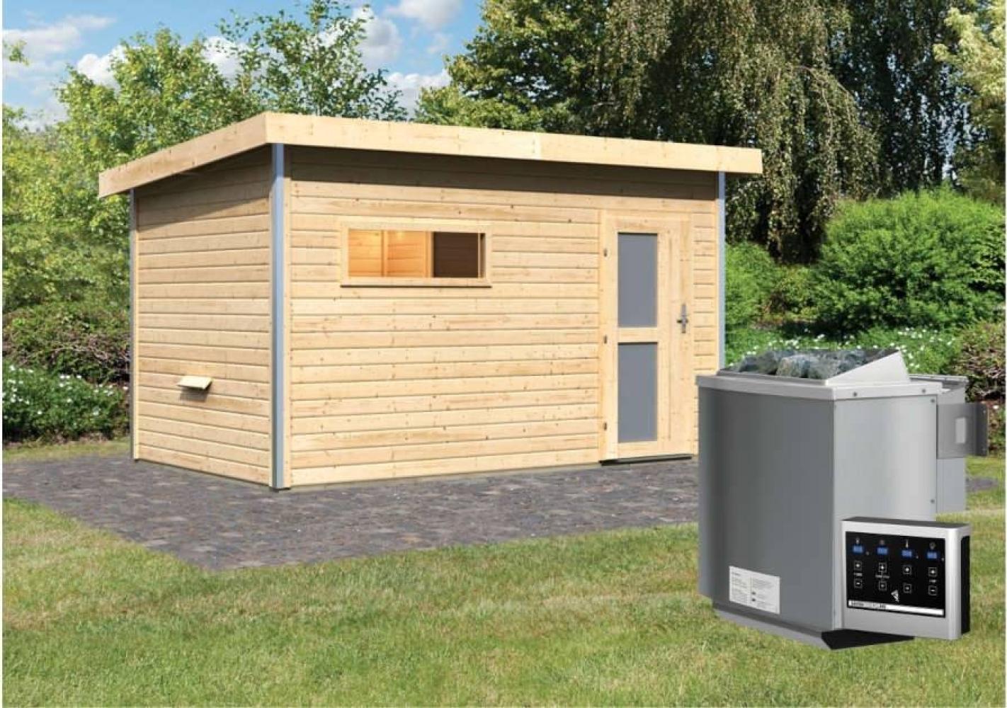 Karibu Sauna Skrollan 3 naturbelassen + 9 kW BIO-Kombiofen mit ext. Steuerung Easy Milchglastür Bild 1