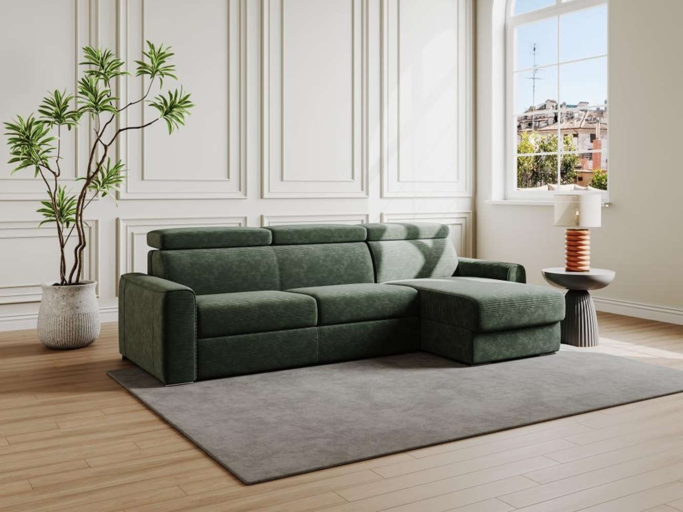 Vente-unique - Ecksofa mit Matratze - Ecke wechselbar - Cord - Grün - Liegefläche mit Lattenrost mit breiten Latten 140 cm - Matratze 22 cm - Memory Schaum - VIZIR Bild 1