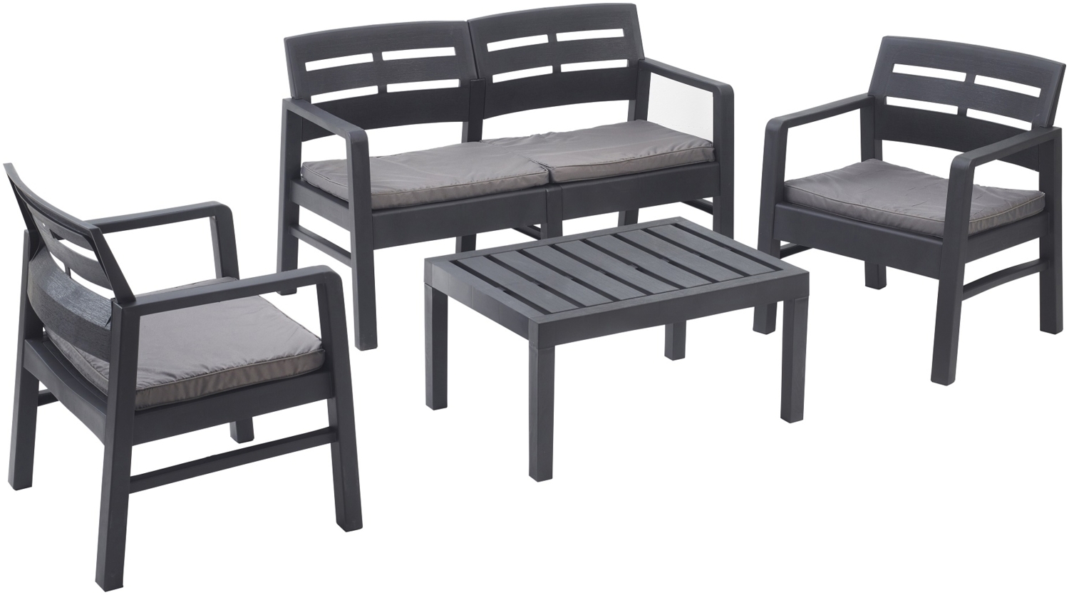 Dmora Outdoor-Lounge-Set Arti, Gartenkomposition mit 2 Sesseln, 1 Sofa und 1 Couchtisch, Lounge für drinnen und draußen mit Kissen, 100 % Made in Italy, Anthrazit Bild 1