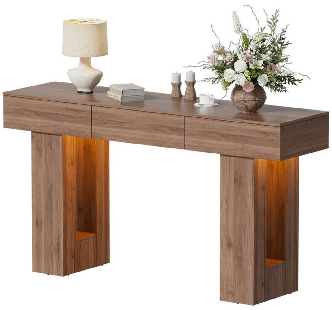 TWSOUL Konsolentisch 140cm Beistelltisch Flurtisch Sofatisch mit 3 Schubladen & LED, für Eingang, Flur, Wohnzimmer, Eicheoptik Bild 1