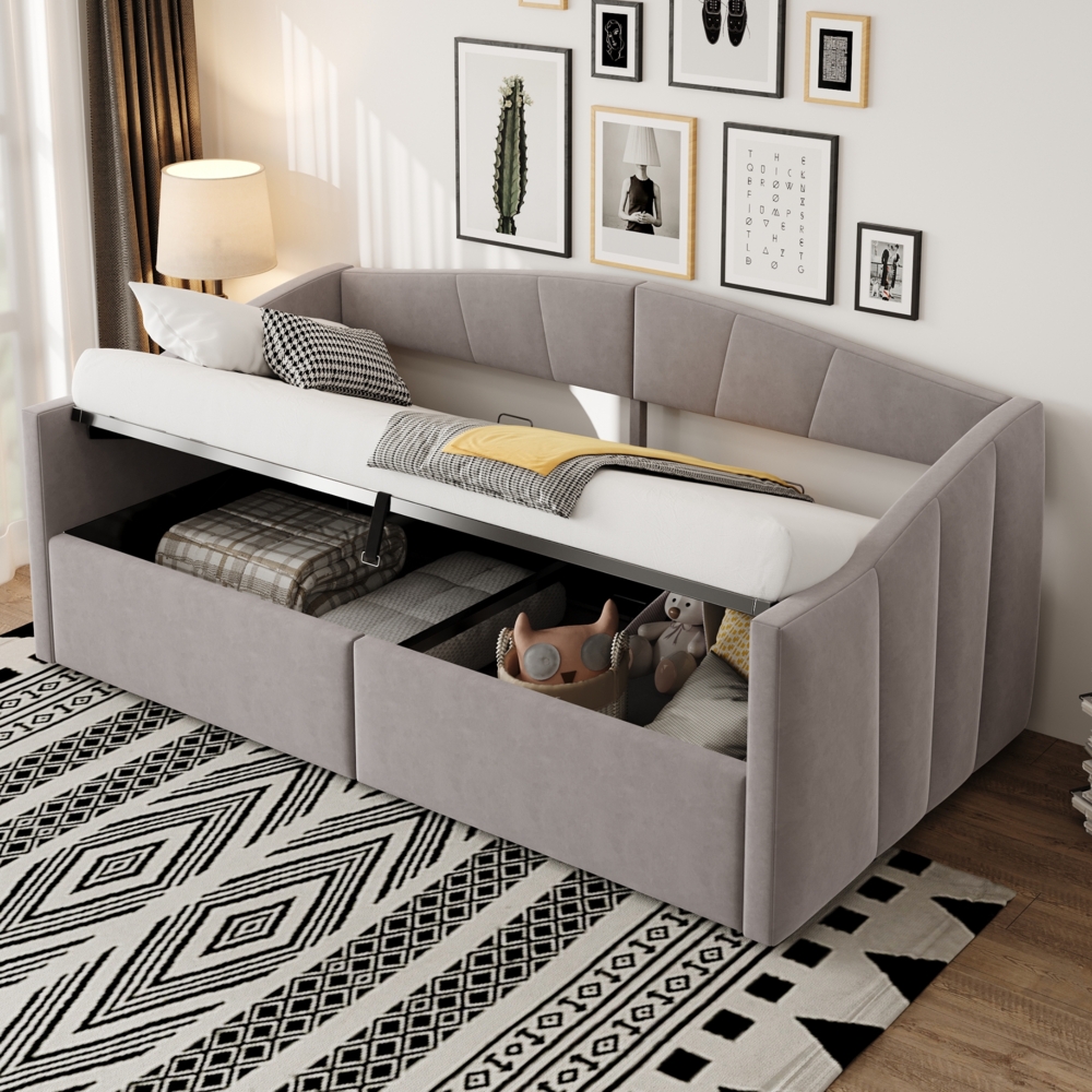 Merax Daybett Einzelbett, 90x200 cm Polsterbett Schlafsofa , Mit hydraulischer Lagerung, Mit Lattenrost und Armlehnen, Klassisch Gestreift, Hautfreundlicher Samtstoff, Hellgrau Bild 1