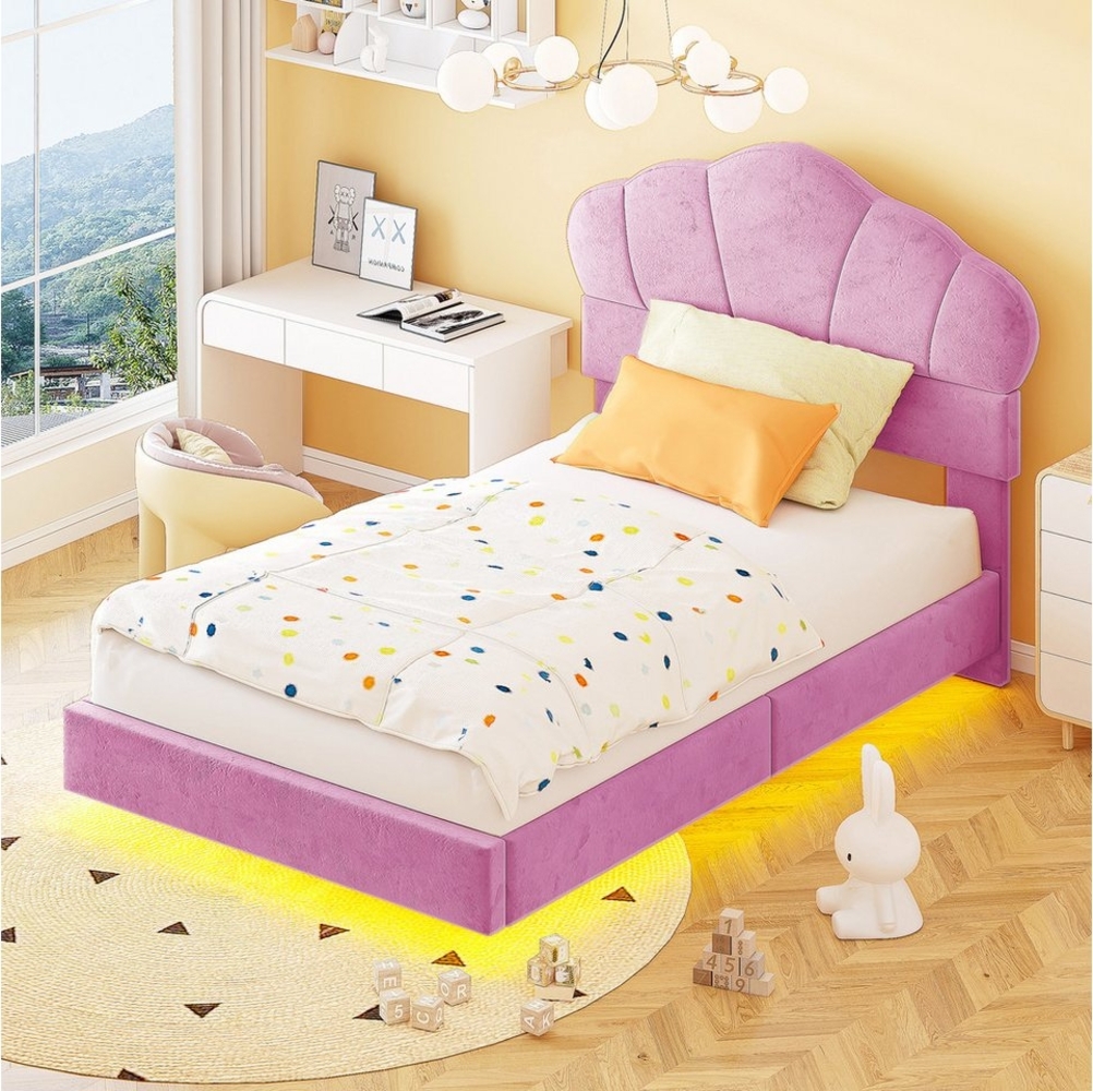 OKWISH Polsterbett Kinderbett mit umlaufender LED-Leiste, Wolkenförmiges Kopfteil (Verdecktes Fußteil-Design, Doppelbett Jugendbett, Samtstoff), 90x200 cm Bild 1