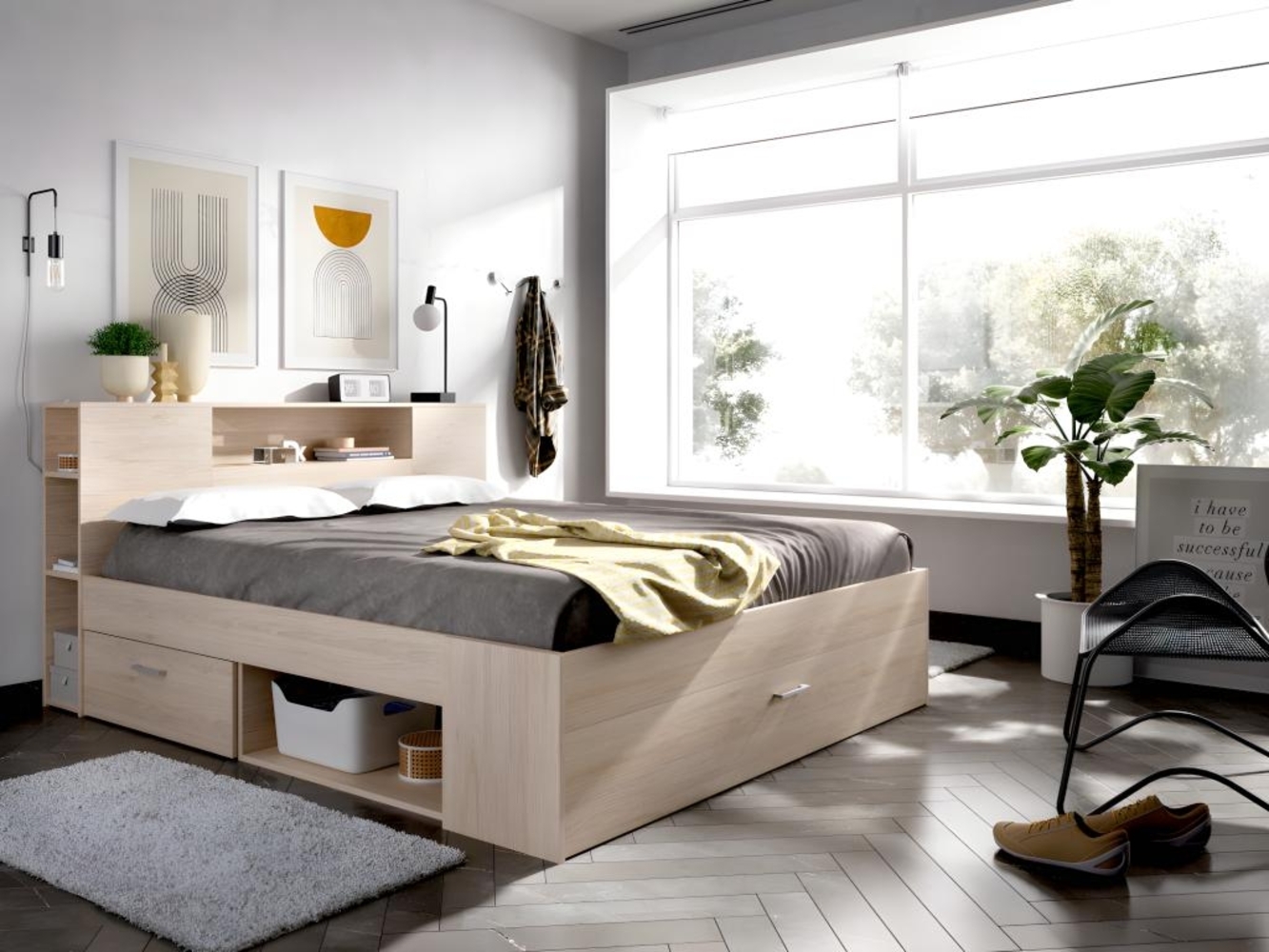 Vente-unique - Bett mit Kopfteil, Stauraum & Schubladen - 140 x 190 cm - Naturfarben - LEANDRE Bild 1