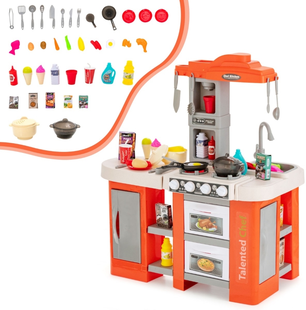 Kinderküche mit 38 Zubehör Spielküche aus Kunststoff mit Wasserpumpfunktion Orange Bild 1