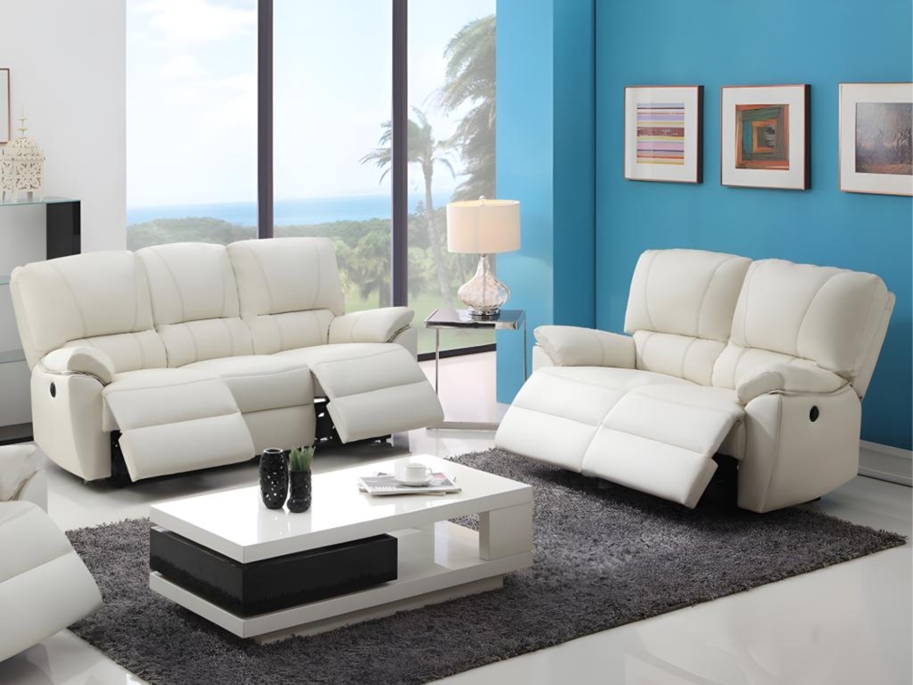 Vente-unique - Relaxsofa 3-Sitzer & 2-Sitzer elektrisch - Leder - Elfenbeinfarben - MARCIS Bild 1