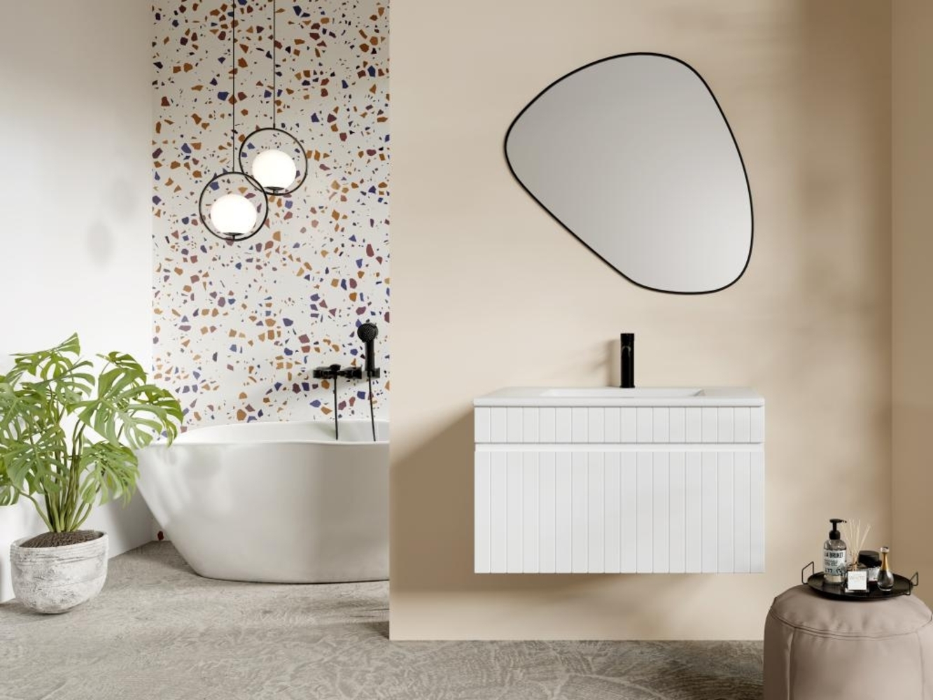 Vente-unique - Waschbeckenunterschrank hängend mit Einbauwaschbecken - Streifen-Optik - Weiß - 80 cm - SATARA Bild 1