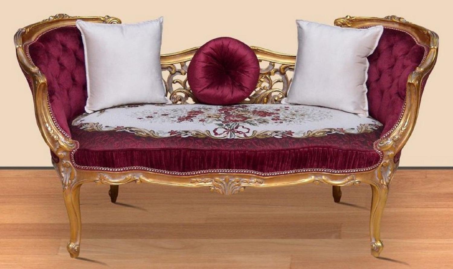 Casa Padrino Barock Sitzbank Lila / Weiß / Gold 150 x 55 x H. 80 cm - Prunkvolle Massivholz Bank mit edlem Blumenmuster - Möbel im Barockstil Bild 1